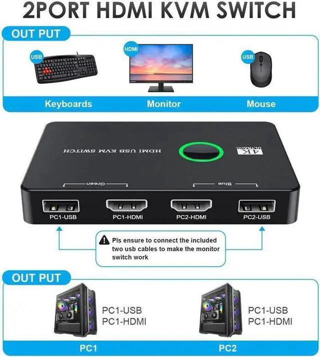 Alt view image 3 of 7 - 4K USB HDMI KVM Switch 2 Port HDMI Switcher Selector Box USB and HDMI Switch for 2 Computers Share Keyboard Mouse Printer and one HD Monitor