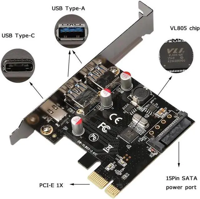 Alt view image 6 of 6 - PCI-E PCI Express to USB 3.1 Type-C + 2 Ports USB 3.0 Type-A Reversible Card High Speed Converter Expansion Adapter for PC