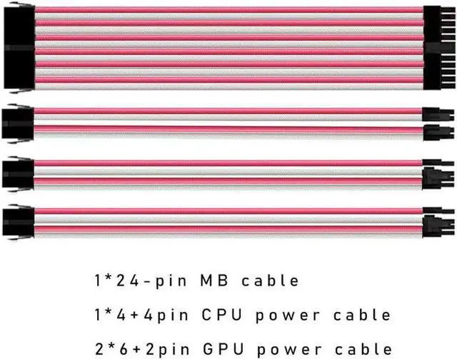 Main image of Aomoproing Mod Sleeved Cable, Pink & White Power Supply Cable Extension Kit, 24PIN ATX, 4+4 PIN EPS, Dual 6+2 PIN PCIE(11.81")