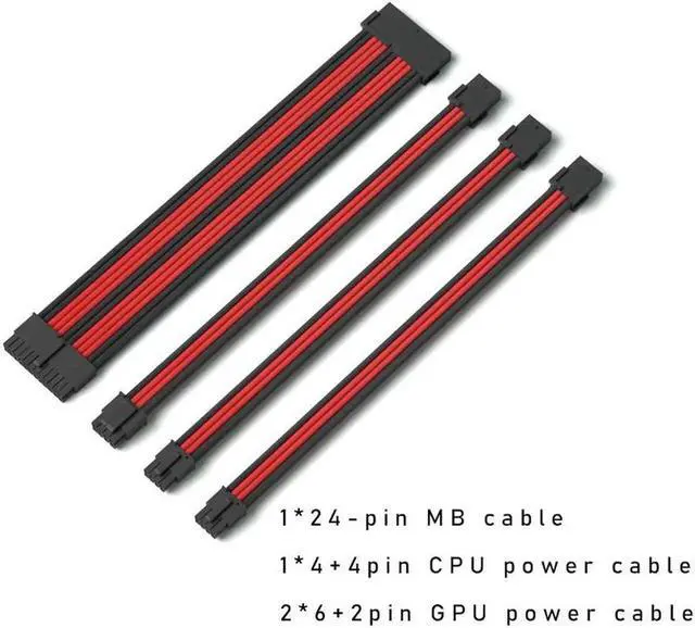 Main image of Mod Sleeved Cable, Black & Red Power Supply Cable Extension Kit, 24PIN ATX, 4+4 PIN EPS, Dual 6+2 PIN PCIE(11.81")
