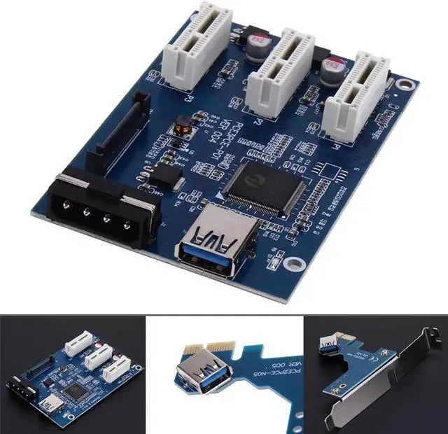 Alt view image 2 of 6 - 3 in 1 PCI-E 1 to 3 PCI Express 1X Slot Riser Card Expansion Adapter PCIe Port Multiplier Card w/ High Speed USB 3.0 Cable Cord