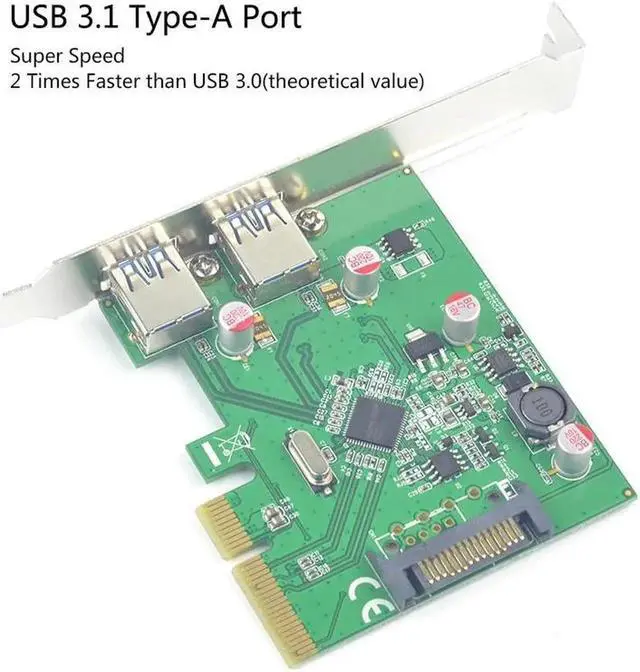 Alt view image 5 of 6 - PCI express x4 to 2x USB 3.1 expansion Card PCI-e 3.1 USB Type A Adapter Solid Capacitor Resettable Fuse Chip ASMedia