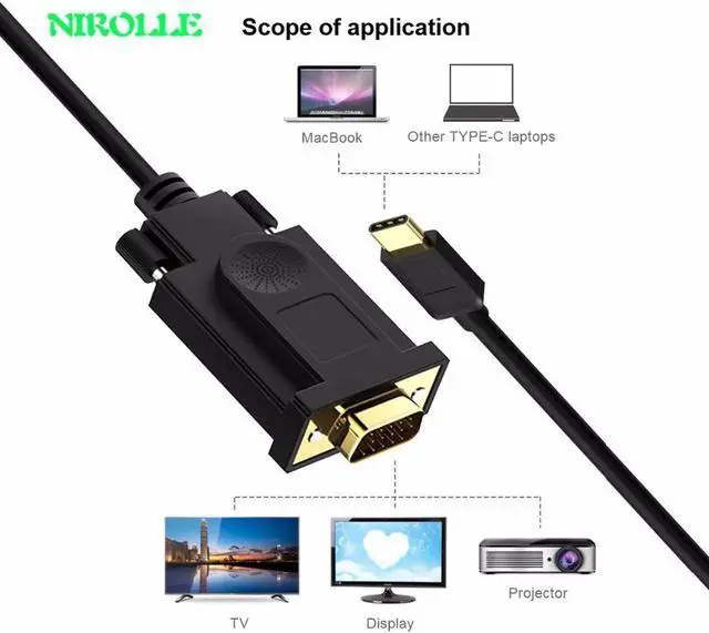 Alt view image 6 of 6 - USB C TO VGA Cable USB type C USB-C to VGA Male Converter Adapter Cable For Apple Macbook ProDell XPS 13 VGA USB-C