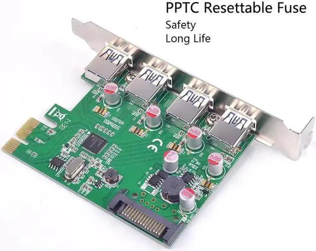 Alt view image 3 of 6 - PCI express PCI-e 4 ports USB 3.0 expansion Card Solid capacitor Self restoring fuse Renesas Chip