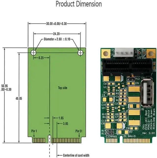 Alt view image 3 of 6 - Mini PCI E to PCI Express 1X with USB Riser Card Adapter 4Pin Power Input Support USB 2.0 Data Transmission Up to 480Mbps