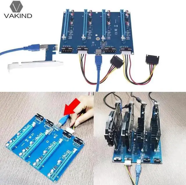 Alt view image 4 of 6 - PCI-E PCI Express 1X to 4 PCI-E 16X Slots Riser Card Video Card Adapter Extender Converter with USB Cable for Bitcoin BTC Mining