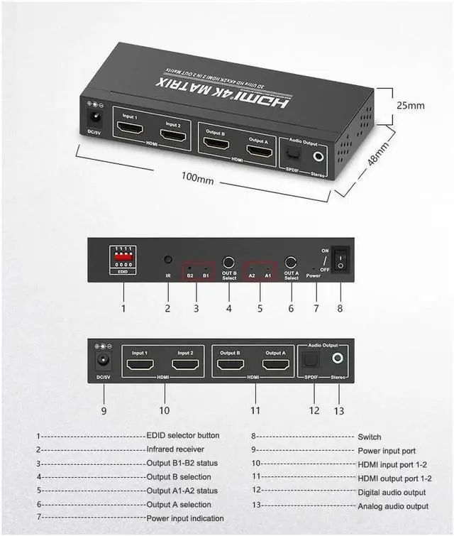 Alt view image 5 of 7 - 4K*2K@60Hz 2x2 HDMI Matrix Switcher 4K HDMI Video Switch SPDIF Stereo Audio Extractor Adapter 3D Switcher 2 in 2 Out HDMI Splitter for PS4/PS3 TV Box
