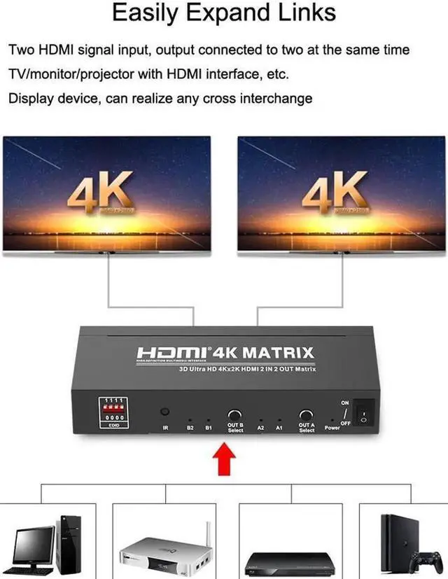 Alt view image 7 of 7 - 4K*2K@60Hz 2x2 HDMI Matrix Switcher 4K HDMI Video Switch SPDIF Stereo Audio Extractor Adapter 3D Switcher 2 in 2 Out HDMI Splitter for PS4/PS3 TV Box