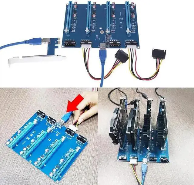 Alt view image 4 of 6 - PCI-E PCIE PCI Express 1x To 16x 4 Slots 4pin Riser Video Adapter Extender Multiplier Cards With USB Cable For BTC Mining