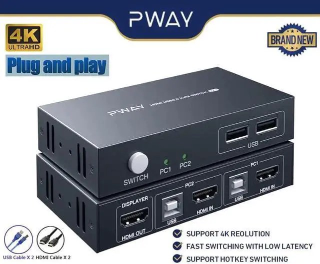 Main image of USB KVM Switch HDMI Splitter Keyboard And Mouse Switch HD 4K@30Hz 2 In 1 Out With USB Hub For PC Macbook Laptop