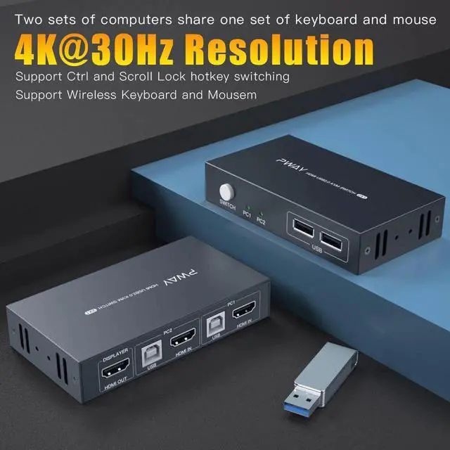 Alt view image 4 of 6 - USB KVM Switch HDMI Splitter Keyboard And Mouse Switch HD 4K@30Hz 2 In 1 Out With USB Hub For PC Macbook Laptop