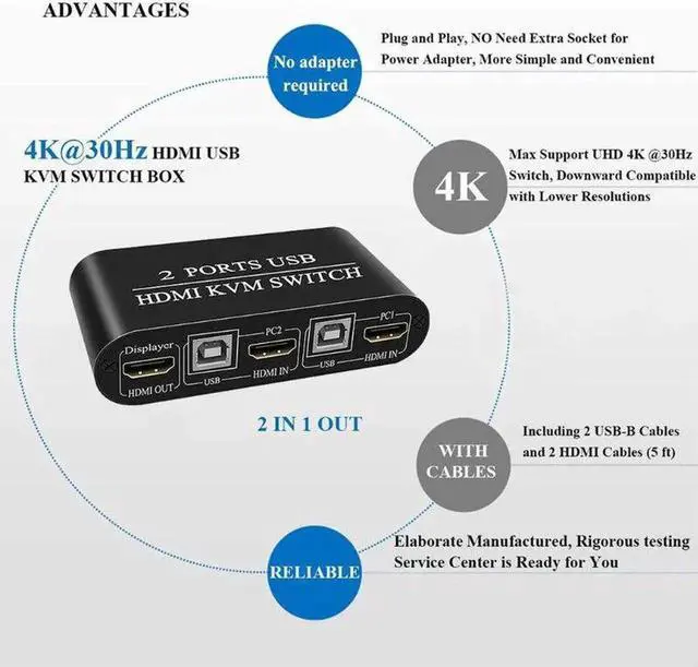 Alt view image 5 of 6 - 4K HDMI-compatible KVM Switch 2-Port USB Manual Switcher Box Keyboard Mouse QW