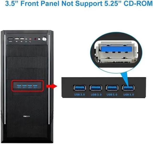 Alt view image 2 of 4 - FP35U34M Desktop Computer 4 Ports USB 3.0 Hub 3.5 inch Front Panel, USB 20 Pin to 4 USB3 Adpater Floppy Bay Panel w/ Extra SATA Power - 2 Feed USB 20Pin Cable - Black