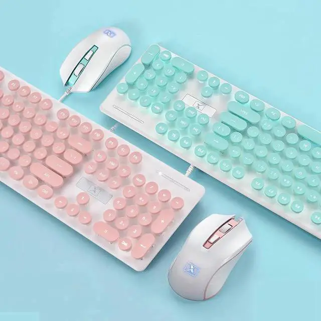 Alt view image 5 of 5 - Aomoproing Portable Retro Keyboard Mouse Kit Wired Gaming Keyboard with Round Key Cap Multimedia Button Keyboard Mouse Set