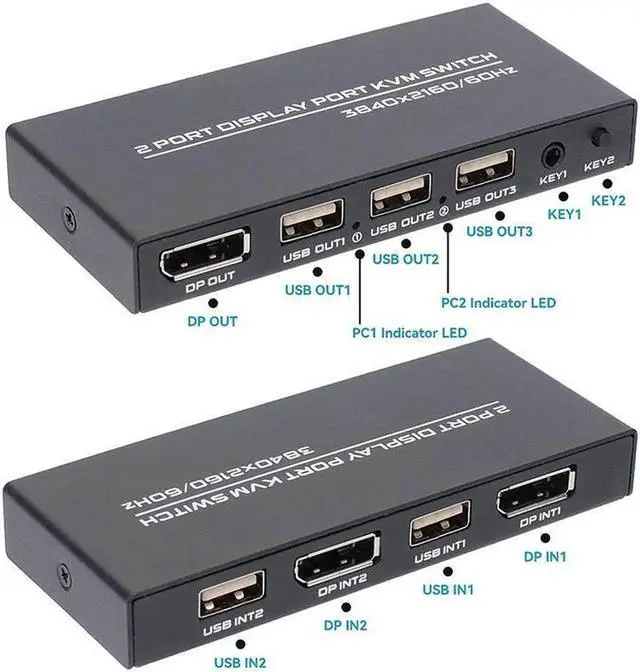 Alt view image 7 of 7 - 2 Port Displayport KVM Switch 4K 60Hz USB DP KVM 2 in 1 out DP USB KVM Switch 2x1 For PC to Share Monitor Mouse Keyboard Printer(with Wired Remote )