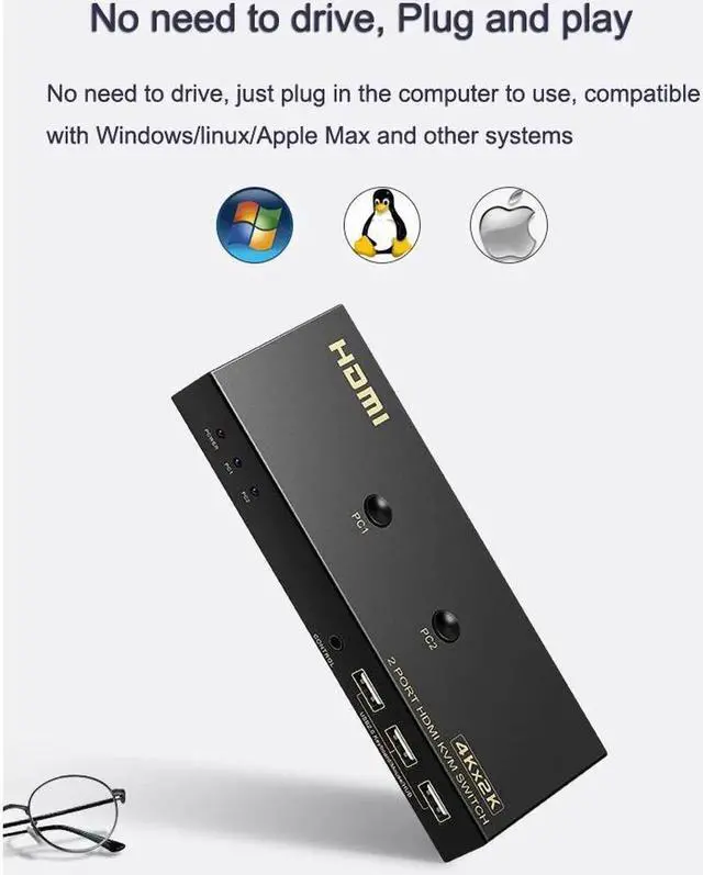 Alt view image 6 of 7 - 2 Ports HDMI KVM Switch 4K*2K@60Hz 2 In 1 Out HDMI Supports Hotkey Switch Wire Control HDMI Monitor Keyboard &Mouse & Video USB 2.0 Devices Share