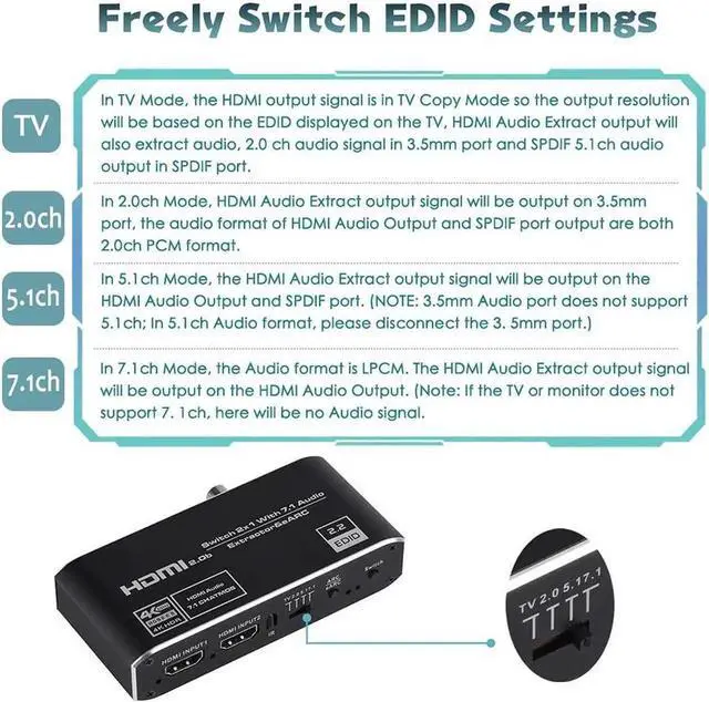Alt view image 3 of 7 - 4K@60Hz eARC HDMI Audio Extractor, 2x1 HDMI Switch to HDMI + Optical Toslink SPDIF + 3.5mm Audio Jack + Coaxial + 7.1Ch HDMI Audio Support ARC and eARC Function HDMI2.0b
