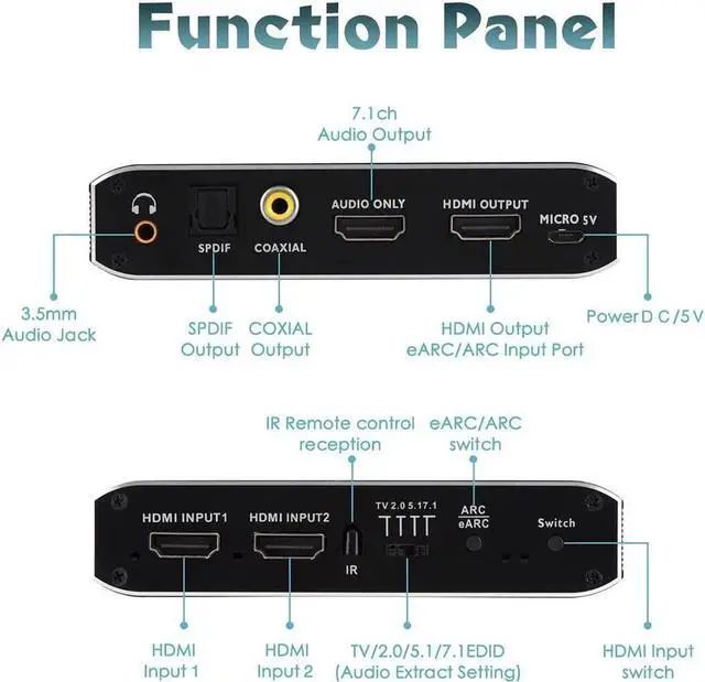 Alt view image 2 of 7 - 4K@60Hz eARC HDMI Audio Extractor, 2x1 HDMI Switch to HDMI + Optical Toslink SPDIF + 3.5mm Audio Jack + Coaxial + 7.1Ch HDMI Audio Support ARC and eARC Function HDMI2.0b