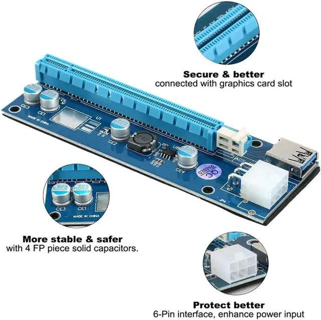 Alt view image 4 of 6 - Aomoproing 10pcs PCI-E 6 Pin Riser Card Extender 1X to 16X USB3.0 Cable 6pin PCI-E PCI E Express Tender USB Riser for Bitcoin Mining Miner