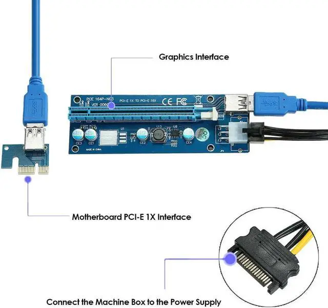 Alt view image 2 of 6 - Aomoproing 10pcs PCI-E 6 Pin Riser Card Extender 1X to 16X USB3.0 Cable 6pin PCI-E PCI E Express Tender USB Riser for Bitcoin Mining Miner