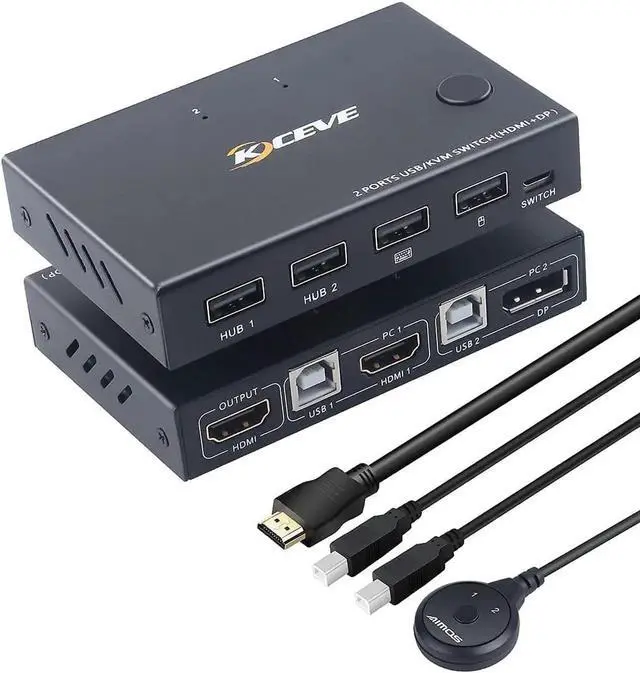 Main image of KVM Switch 2 Port Box, Displayport and HDMI Switcher for 2 Computers Sharing One HD Monitor and 4 USB Devices
