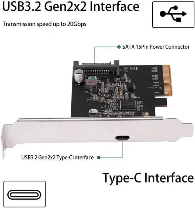 Alt view image 6 of 6 - Aomoproing PCIE3.0 To USB3.2 Type-c 20G Data Transfer and 20W Quick Charge USB-C controller Card