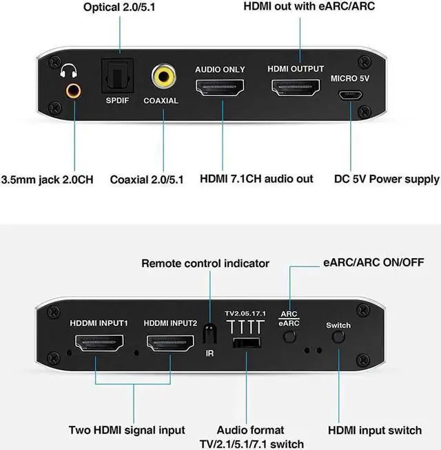 Alt view image 3 of 7 - 4K @60Hz eARC HDMI Swtich Audio Extractor, 2x1 HDMI Audio Converter with Remote Control, 7.1CH Atmos/ eARC/ARC/ Optical Toslink SPDIF/ Coaxial/ 3.5mm Audio Out, Supports HDCP2.3, HDMI2.0b