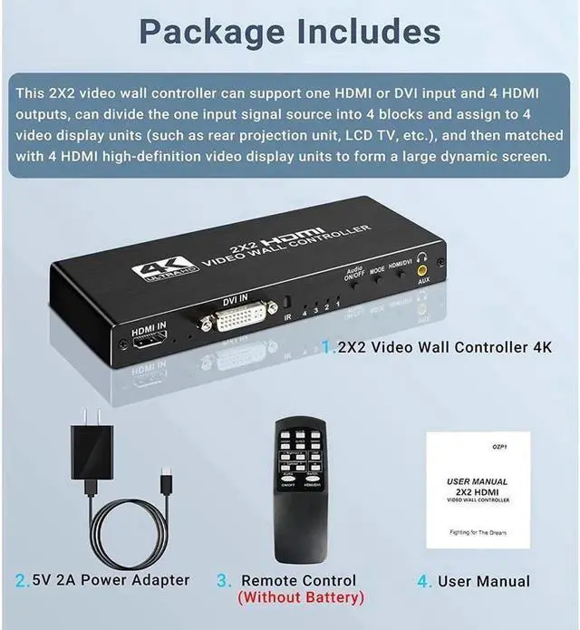 Alt view image 7 of 7 - 2x2 Video Wall Controller, HDMI Video Image Processor Screen Splicing 1080P high Definition Image Video Wall Controller, Support for Splicing 2X1/3X1/4X1/1X2/1X3/1X4/2X2