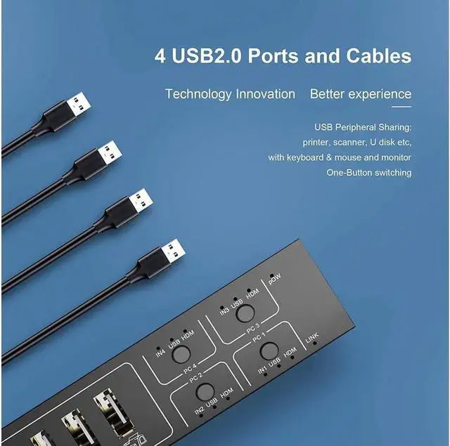 Alt view image 4 of 7 - HDMI KVM Switch 4 Port, USB Switch Share 4 Computers with One Monitor One-Button Swapping, HD 4K @60Hz, 4 In 1 Out KVM Switcher for Mouse Keyboard Printer Scanner with 4 USB Cables 1 Power Cable