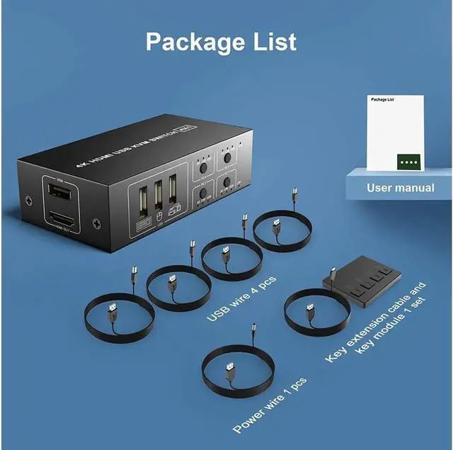 Alt view image 7 of 7 - HDMI KVM Switch 4 Port, USB Switch Share 4 Computers with One Monitor One-Button Swapping, HD 4K @60Hz, 4 In 1 Out KVM Switcher for Mouse Keyboard Printer Scanner with 4 USB Cables 1 Power Cable