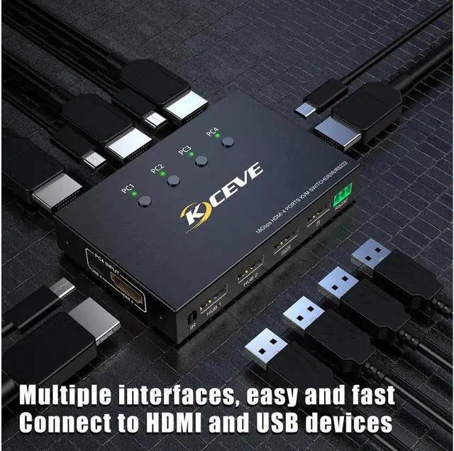 Alt view image 5 of 6 - 4 Ports HDMI 2.0 KVM Switch 4K@60Hz USB HDMI KVM Adaptive EDID/HDCP Decryptionfor Mouse Keyboard Hub for PC Laptop (without Remote Controller)