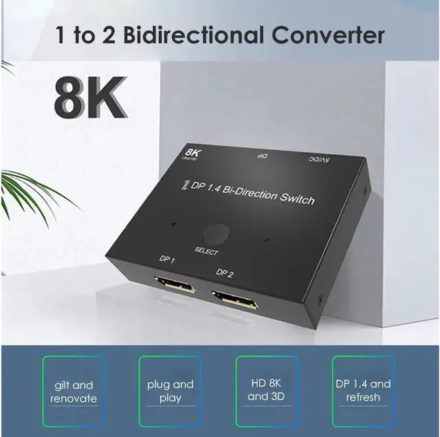 Alt view image 2 of 7 - Splitter DP1.4 Bi-Direction Switch Audio Video Sync Adapter 1x2/2x1 Switcher for Computer TV Projector Monitor