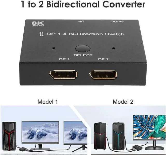 Alt view image 7 of 7 - Splitter DP1.4 Bi-Direction Switch Audio Video Sync Adapter 1x2/2x1 Switcher for Computer TV Projector Monitor