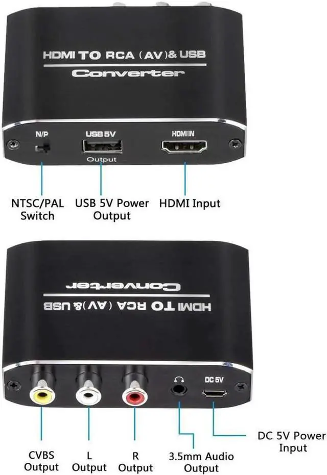 Alt view image 6 of 6 - HDMI to RCA Converter, 1080P HDMI to AV 3RCA CVBs Composite Video 3.5mm Aux Audio Adapter Supports PAL/NTSC for TV Stick, PS3, PC, Laptop, Xbox, HDTV, DVD (Black,Aluminum Alloy Material)