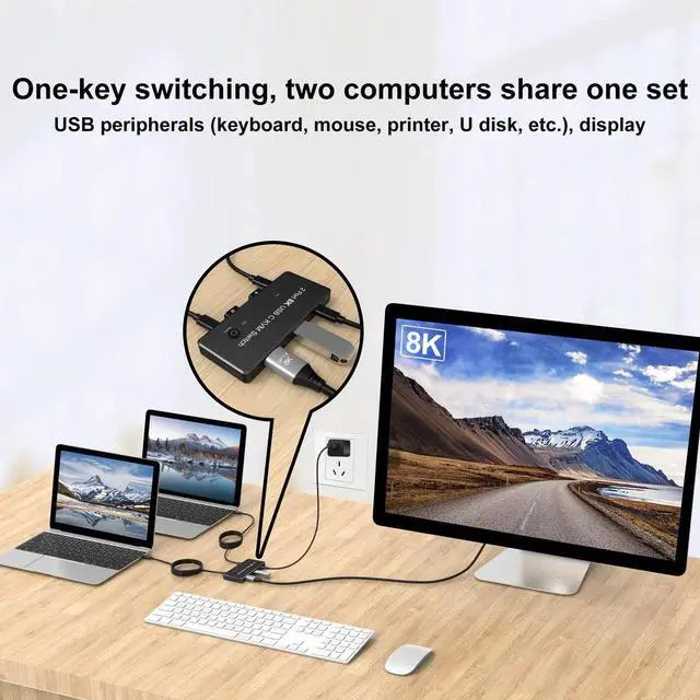 Alt view image 3 of 6 - Thunderbolt 3/4 KVM Switch USB-C to Displayport With 3 Port USB2.0 8K@60Hz 4K@144Hz DP 1.4 for Monitor Mouse Keyboard Printer