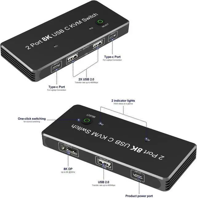 Alt view image 2 of 6 - Thunderbolt 3/4 KVM Switch USB-C to Displayport With 3 Port USB2.0 8K@60Hz 4K@144Hz DP 1.4 for Monitor Mouse Keyboard Printer
