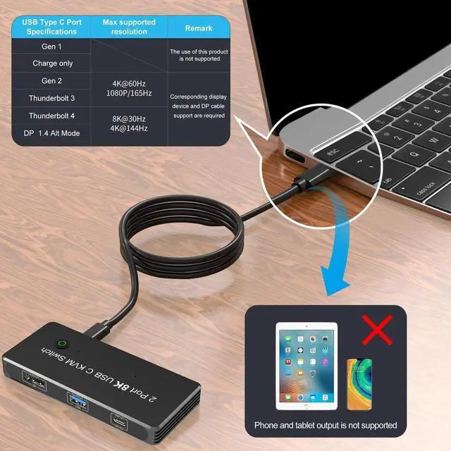 Alt view image 6 of 6 - Thunderbolt 3/4 KVM Switch USB-C to Displayport With 3 Port USB2.0 8K@60Hz 4K@144Hz DP 1.4 for Monitor Mouse Keyboard Printer