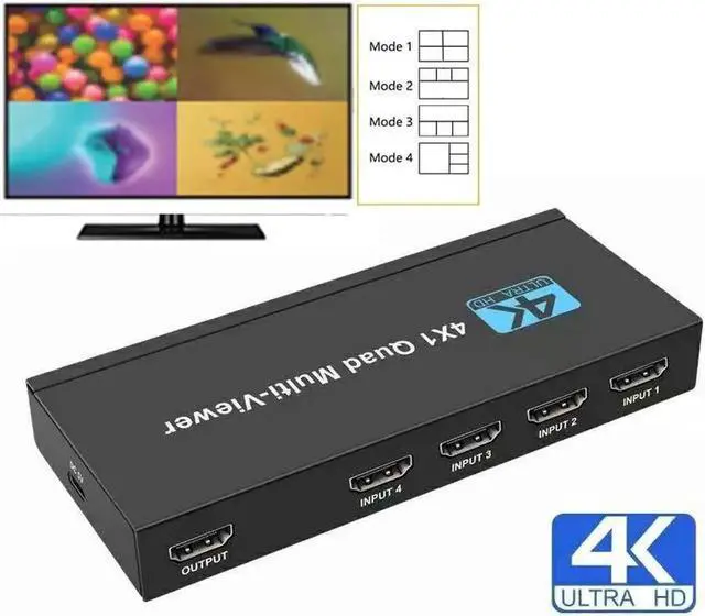 Alt view image 6 of 6 - 4x1 Multi-viewer switcher 4K Seamless Quad Screen Real Time Multi Viewer Splitter 4 in 1 out HDMI Switch Adapter with IR