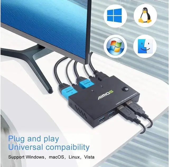 Alt view image 5 of 7 - Switch HDMI 2 Port Box, AIMOS USB and HDMI Switches 4 USB Hub, UHD 4K @30Hz, for 2 Computers Share Keyboard Mouse and one HD Monitor