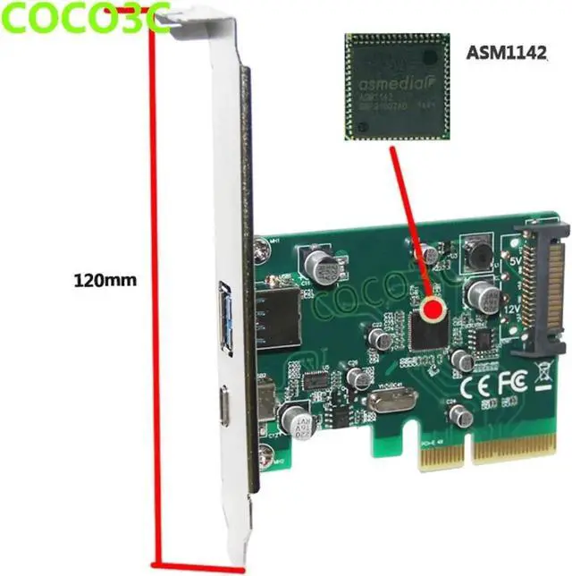Alt view image 3 of 6 - 2 ports USB 3.1 Type-A + Type-C PCI express Card PCIe low profile bracket pci-e 4x to usb3.1 Type A & C adapter 10Gbps USB-C