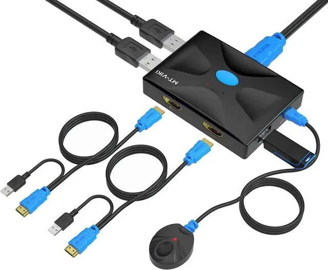 Main image of 4K HDMI KVM Switch 2 Port, KVM Selector for 2 PCs Share Keyboard Mouse and Monitor +2 HDMI KVM Cables + Wire-Desktop Controller