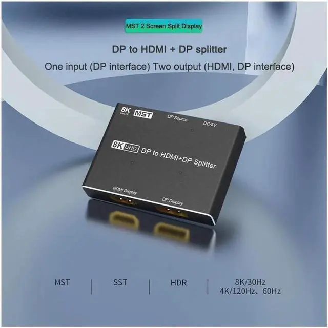 Alt view image 2 of 7 - 8K Displayport to HDMI + DP Splitter DP to HDMI Converter DP 8K@30Hz 4K@120Hz High speed 32.4Gbps for (DP HD) Dual Port Simultaneous Displays Support SST and MST
