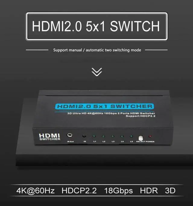 Alt view image 4 of 6 - 2.0 Switch 5x1 5 IN 1 OUT Switcher 4K 60Hz 4:4:4 HDCP 2.2 3D HDR for MI TV Box PS3 PS4 Laptop PC To TV Monitor Projector