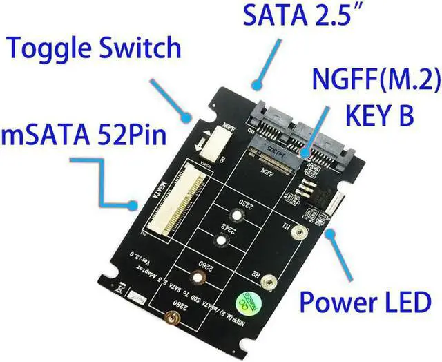 Alt view image 4 of 6 - 2 in 1 M.2 NGFF B Key Mini PCI E mSATA SSD to SATA 2.5" Adapter Card for mSATA SSD 2230 2242 2260 2280 M2 NGFF SATA M.2 Adapter