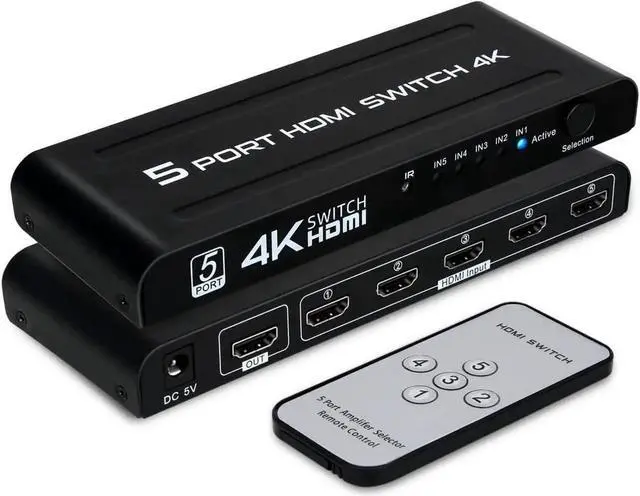 Main image of Switch 5 in 1 Out, 5 Port HDMI Switcher Selector Box with IR Remote Control & Auto Switch, Support 4K @30Hz, HDR, HDCP, 3D, 1080P for HDTV PS3 PS4 Xbox Projector Blu-ray Player (Black)