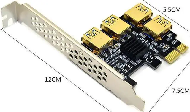 Alt view image 3 of 5 - 4 Ports PCIe Riser Adapter Board PCI-E 1x to 4 USB 3.0 PCI-E Rabbet GPU Riser Extender&6PIN Extension cord 16X Externa