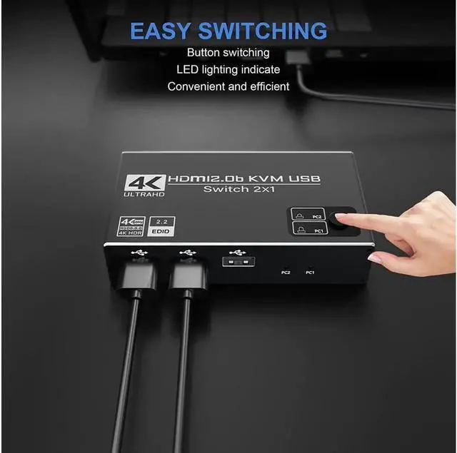 Alt view image 5 of 7 - 2 Port HDMI KVM Switch, USB HDMI Switch 4K, with 3x USB 2.0 Hub, 4K @60Hz 2 in 1 Out HDMI KVM Switch 2 PC 1 Monitor, KVM USB switch, Ultra HD, with 2 USB cables