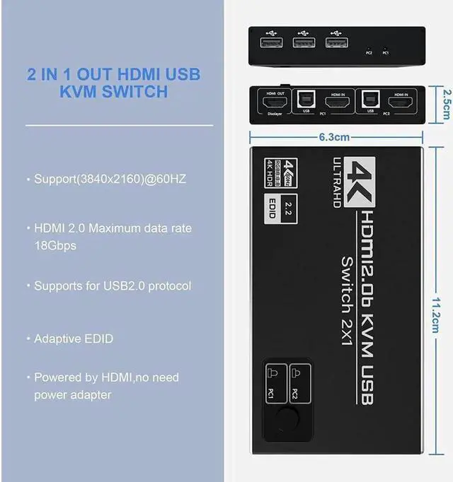Alt view image 3 of 7 - 2 Port HDMI KVM Switch, USB HDMI Switch 4K, with 3x USB 2.0 Hub, 4K @60Hz 2 in 1 Out HDMI KVM Switch 2 PC 1 Monitor, KVM USB switch, Ultra HD, with 2 USB cables