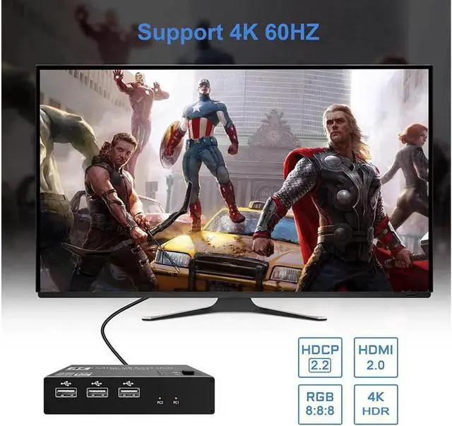 Alt view image 2 of 7 - 2 Port HDMI KVM Switch, USB HDMI Switch 4K, with 3x USB 2.0 Hub, 4K @60Hz 2 in 1 Out HDMI KVM Switch 2 PC 1 Monitor, KVM USB switch, Ultra HD, with 2 USB cables