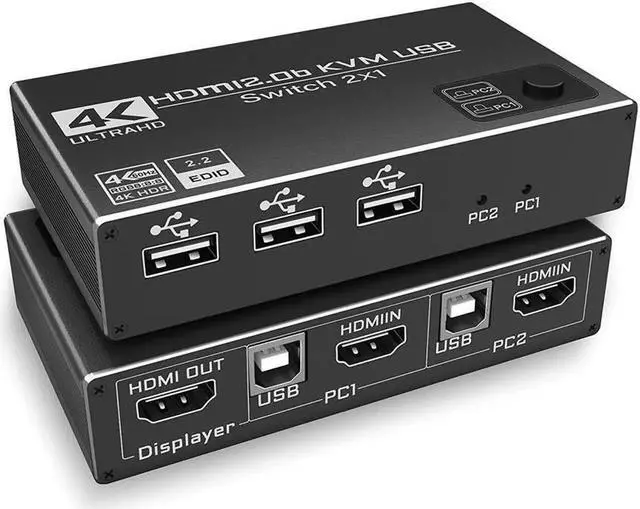 Main image of 2 Port HDMI KVM Switch, USB HDMI Switch 4K, with 3x USB 2.0 Hub, 4K @60Hz 2 in 1 Out HDMI KVM Switch 2 PC 1 Monitor, KVM USB switch, Ultra HD, with 2 USB cables
